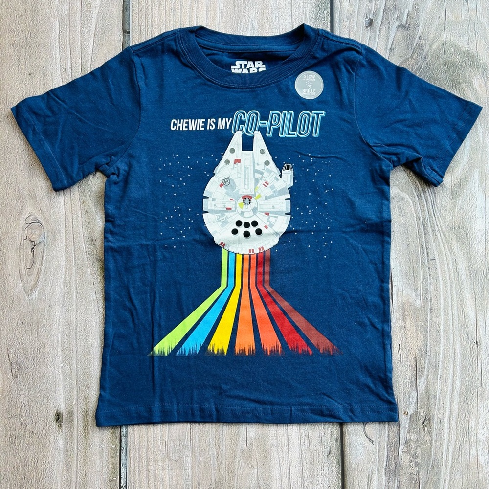 Star Wars size 7 Kids Short Sleeve T-Shirt, Navy Blue Millennium Falcon Tee NEW